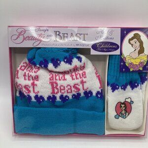 Vintage Aqvila Disney Beauty and the Beast Pom Knit Hat Mittens Teal